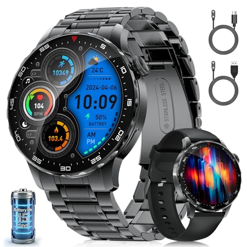 LIGEMI Smartwatch Hombre, 1.43' AMOLED Pantalla Redonda,123 Modos Deportivos,Ritmo Cardíaco Presión Arterial Sueño,Llamadas Bluetooth 5.3,2 Cables de Carga Magnéticos para Android iOS(SML21-A)
