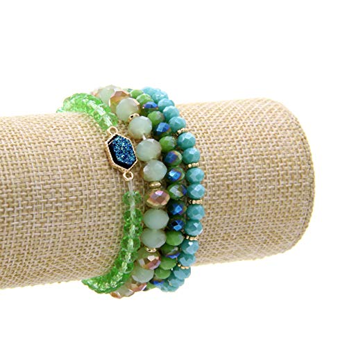 Image of Gold Beaded Bracelet Set, Square Stone Hexagon Druzy Stretch Beaded Stackable Bracelets Bangles