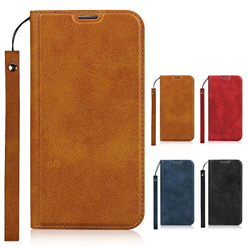 Elick かんたんスマホ 705KC ケース カバー 超薄型 軽量 手帳型 ワイモバイル 京セラ かんたんスマホ 705KC ケース 高級PUレザー マグネット式 ストラップ付き カード収納 スタンド機能 スマホケース ブラウン