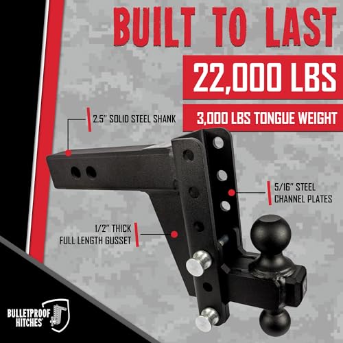 Image of BulletProof Hitches - 2.5 inch Adjustable Heavy Duty Trailer Hitch (22,000 lb. Rating) - 6 inch Drop /Rise Trailer Hitch with 2 inch & 2-5 /16 inch Dual Ball - Powder Coat, Solid Steel, Corrosion-Resistant