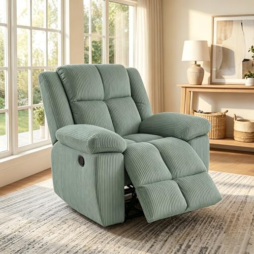 Image of Oversized Corduroy Recliner Chair, Manual Lazy Boy Recliner with Home Theater Seating, Breathable Living Room Reclining Chair for Adults Reading, Gaming, Relax, Green