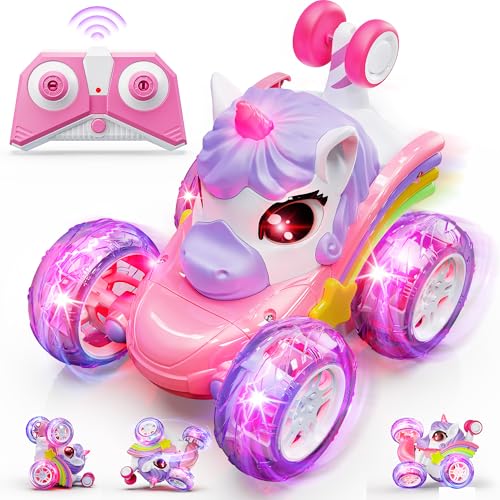Jofuni Coche teledirigido de Unicornio a Partir de 3 años, Regalo para niñas 3, 4, 5, 6 años, Coche RC de 2,4 GHz, Juguete de Unicornio, Regalos para niñas, Coche de acrobacia de 360° con Luces LED