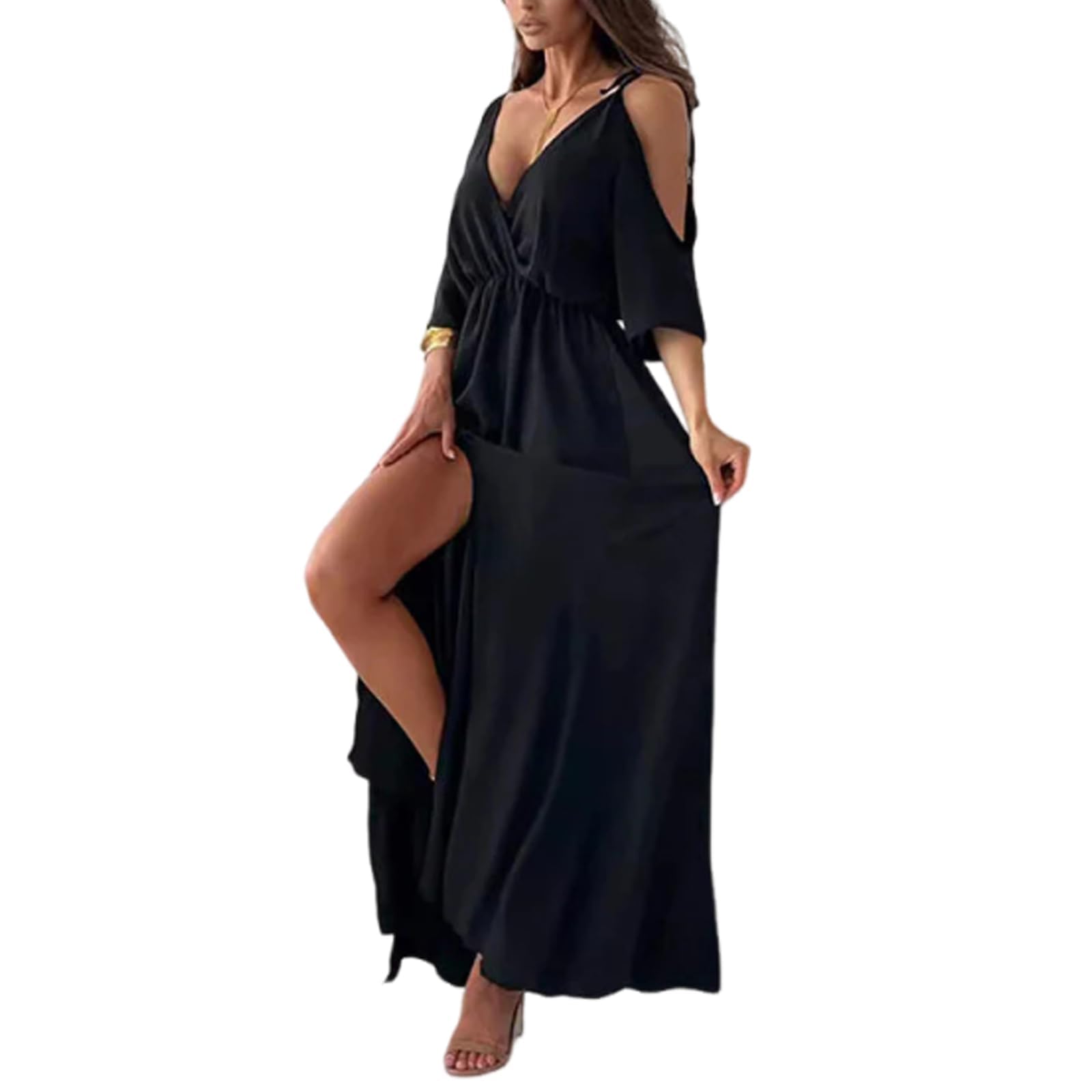 Elegantes, V-Ausschnitt-Kleid Mit Seitenschlitz Für Damen, Mit Tiefem V-Ausschnitt Und Seitenschlitzen Für Lange Kleider
