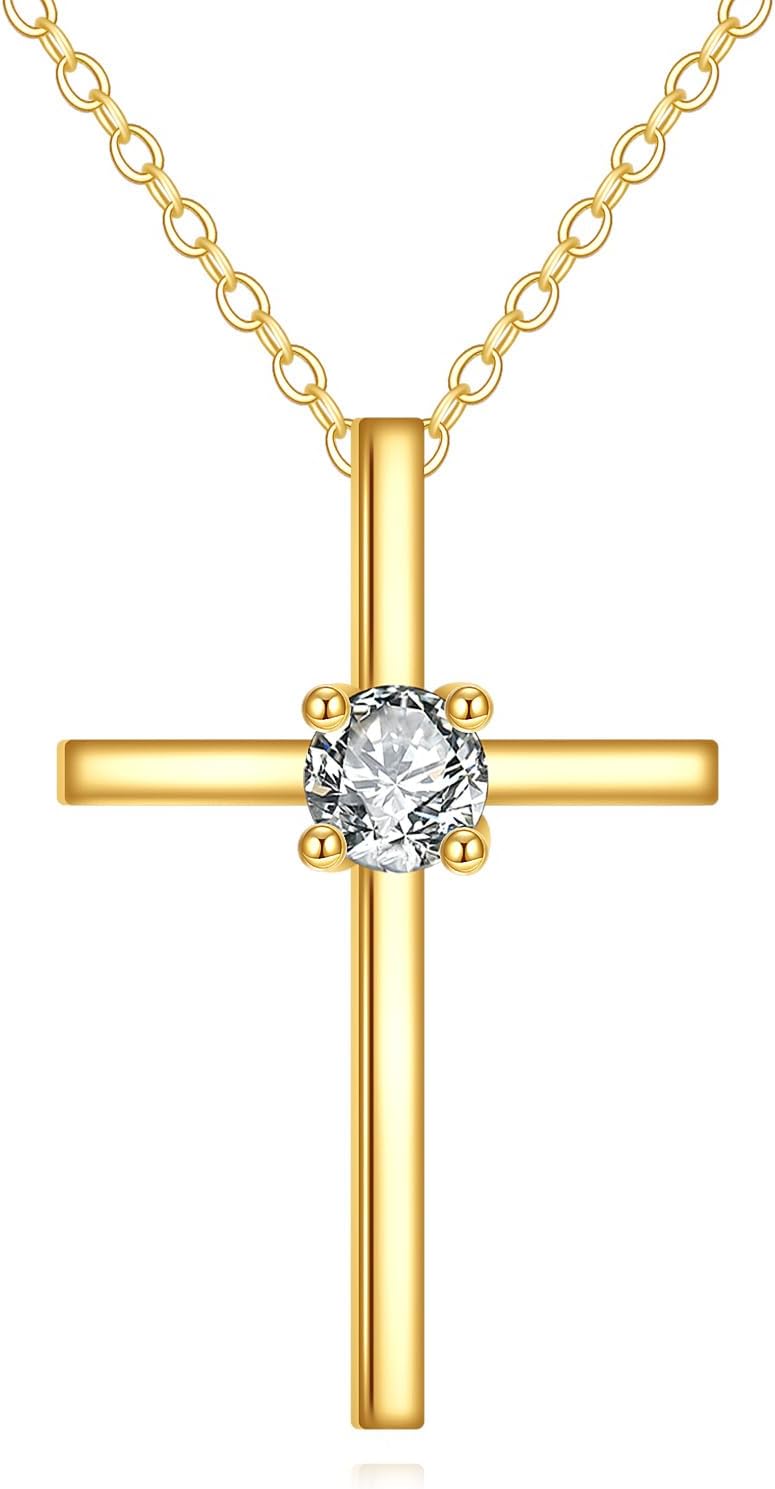 SISGEM 14k Gold 0.15 ct Lab Grown Diamond Cross Necklace for Women, Solid 14kt Gold Religous Jewelry for Ladies, 16-18 Inches