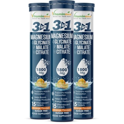 Vitaminnica Magnesium 3-in-1 Effervescent- 15 Tablets Each Orange Flavour | High Absorption Magnesium Malate, Citrate & Glycinate – Energy, Muscle Function & Relaxation – Sugar-Free (Pack of 3)
