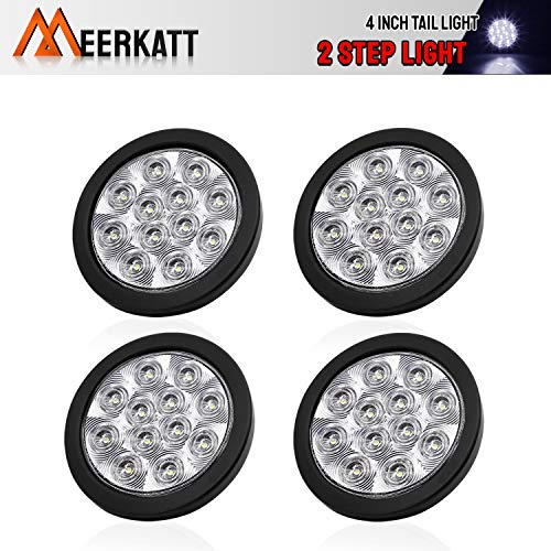 Meerkatt (Pack of 4) 4 Inch White LED 12 Diodes Round Marker Clearance Tail Lights Reverse Back-up Side Front Rear Sealed Surface Mount Trailer ATV Truck Bus Pickup RV Van Grommet & Plug 12v DC GA12