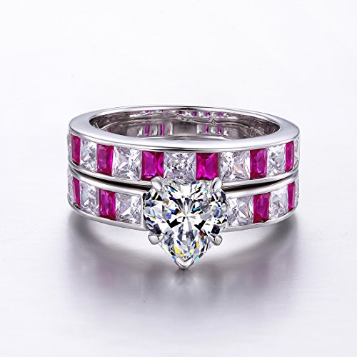 925 Sterling Silver Rings for Women, Heart Wedding Bridal Ring Set, Simulated Blue Sapphire Stackable Wedding Band Solitaire Promise Ring for Her4