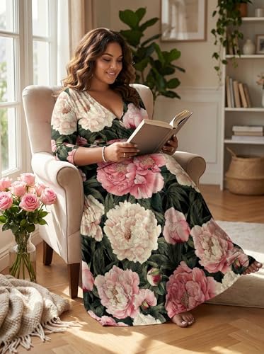 Image of SUZONANA Plus Size Dresses for Women Floral Print Maxi Dress Flowy 3 /4 Sleeve with Belt