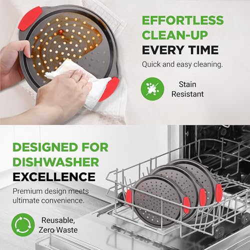 Image of NutriChef Pizza Tray, Nonstick Baking Pan with Perforated Holes,3 Piece, Round Carbon Steel Premium Bakeware Pizza Screen with Silicone Grip Handles, Dishwasher Safe - Small, Medium, Large Sizes, Grey