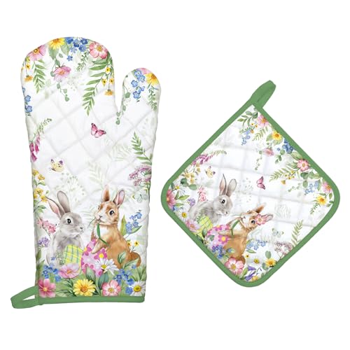 Easter Bunny Eggs Oven Mitts and Pot Holders -100% Cotton, Heat Resistant Extra Long Oven Gloves Potholder for Kitchen Cooking BBQ Grilling Baking Gift, Set of 2