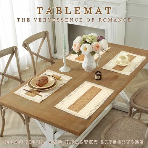 Boho Placemats and Cork Coasters Pack of 6,Natural Cotton Burlap Place Mats and Cork Coasters, Macrame Table Decor Dining Table Home Kitchen Décor for Party,Birthday,Anniversary and More