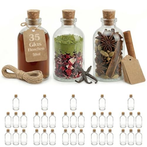 casavetro 35 Fiole en Verre 50ml, Petite Bouteille en Verre 50 ml - Mini Bouteille Verre Flacon Mignonette Alcool Vide Bouchon Liège Mariage Étiquette