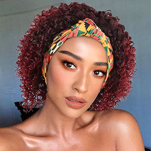 Aisaide Short Kinky Curly Wig Headband Wigs for Black Women,Deep Curly Wrap wig 2 in 1 Ombre Burgundy Wig With Headband Attached Synthetic Headwrap Wig with Scarf Turban Drawstring Afro Full Wig