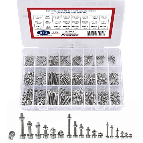 Natsen 813pcs Zylinderschrauben M2 M3 M4 Innensechskant Schrauben Set 304 Edelstahl Gewindeschrauben mit Muttern und Unterlegscheiben Sortiment Kit, Silber Cover