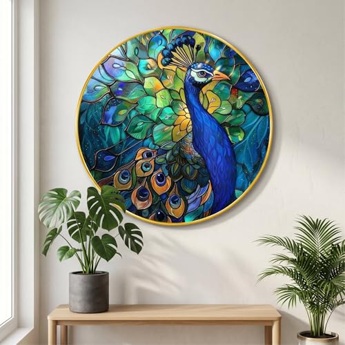 Image of SAF Peacock Wall Painting with Golden PVC Frame Round Bird Art Colorful Modern Wall Decor for Living Room Bedroom Office Home Decorative Luxury Gift Item (20 x 20 Inch) GRL-356