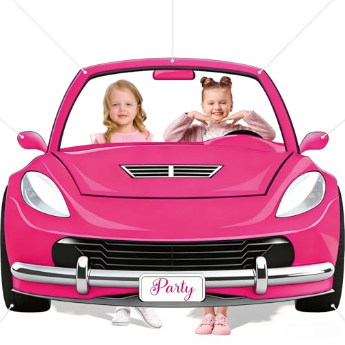Pink Car Photo Backdrop Banner Large Pink Car Shaped Photo Booth Prop Princess Let's Go Party Photography Background for Women Girls Birthday Bachelorette Party Decor Studio Shoots Props Supplies