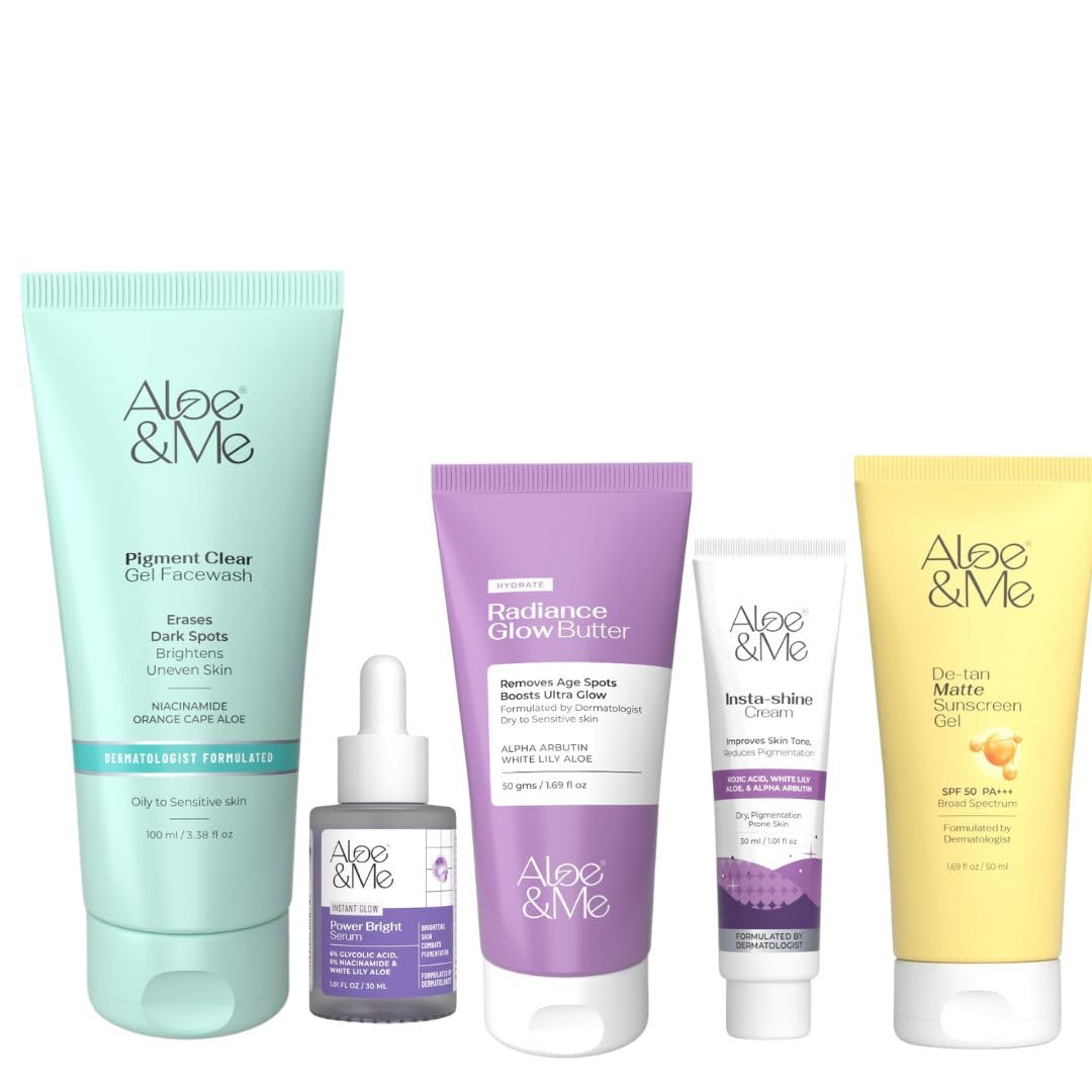 Aloe&ME Complete Skin Brightening Kit | Brightening Gel Facewash, Mela Shield Repair Cream, Power Bright Serum, De-Tan Matte Sunscreen Gel and Insta Shine Cream | for All Skin Types | Men and Women