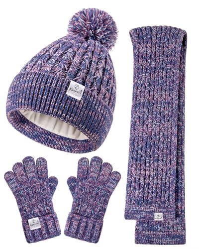 Kids Winter Hat Gloves Scarf Set,Girls Toddler Winter Hat Beanies with Pom Neck Warmer Gaiter Mittens Fleece Lined Set Christmas Gift for Kids（Purple Mix）