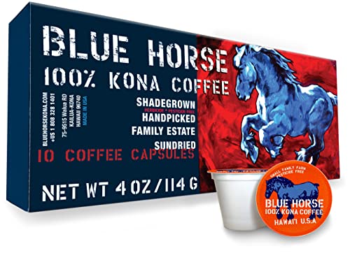 Blue Horse 100% Kona Coffee Pods, Medium Roast, 10ct Single Serve, Compatible with K Cups 2.0, Farm Fresh, Authentic Arabica Beans from Hawaii’s Big Island with a Smooth, Rich Flavor