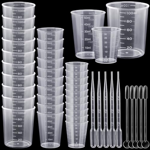 MirraSwit 30 Stück Kleine Messbecher 30ml/50ml/100ml, Wiederverwendbar Messbecher Set Kunststoff, Transparent Mischbecher Epoxidharz, mit Tröpfchen und Mischlöffel für Basteln, Gießformen
