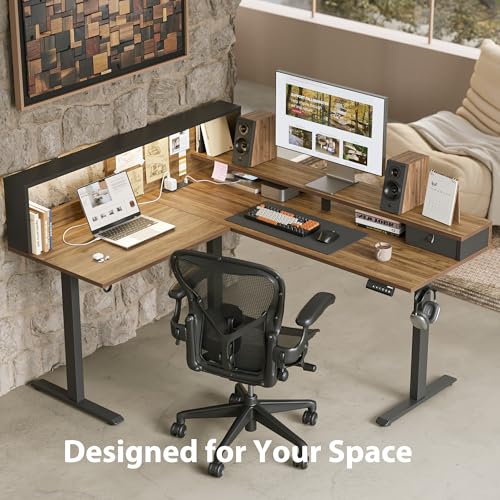 Image of Agilestic L-Shaped Electric Standing Desk, 63x55 Inch Ergonomic Adjustable Height Desk with Storage, Stand Up Corner Desk Sit Stand Computer Table Power Outlet & LED Lights, Office Table, Dark Walnut