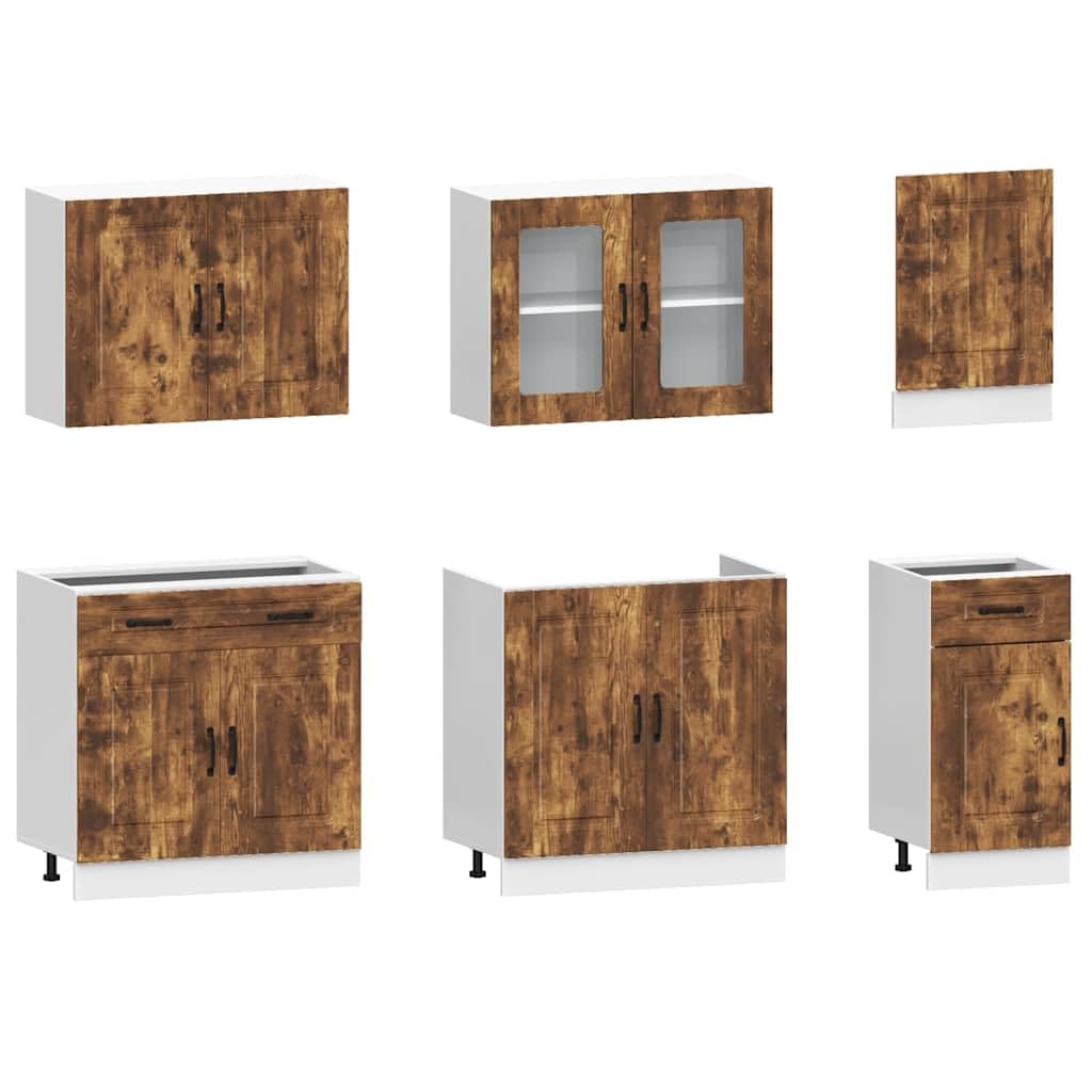 Set di 7 mobili da cucina Kalmar in legno di rovere affumicato, blocco da cucina modulare con armadio sospeso in vetro e dispensa per ampio spazio in cucina