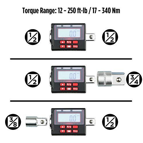 KAIFNT K553 Digital Torque Adapter, 1/2-Inch 12 to 250 ft·lbs, Buzzer/LED Flash Notification, Dual Direction