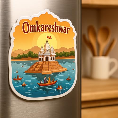 Image of Naxon Omkareshwar Temple Theme Souvenir Wooden Refrigerator Stylish Fridge Magnet - Travel Collectible Gift | Fridge Decoration Magnet for Kitchen & Home Decor | Size 3x3 Inches | Pack of 1