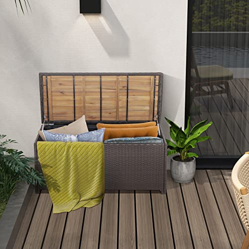 Tangkula-45-Gallon-Outdoor-Storage-Bench-Mix-Brown-Rattan-Storage-Container-with-Zippered-Liner-Acacia-Wood-Top-Lid-Sturdy-Gas-Strut-Support-3-in-1-Multifunctional-Deck-Box-for-Front-Porch-Garden Tangkula 45 Gallon Outdoor Storage Bench Mix Brown Rattan Storage Container with Zippered Liner Acacia Wood Top Lid Sturdy Gas Strut Support 3 in 1 Multifunctional Deck Box for Front Porch Garden