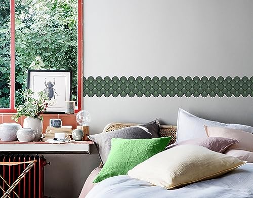Image of WallDesign Green Matrix Shell Tile Sticker - 6.25 in X 10 Ft Self-Adhesive Border for Bathroom, Kitchen, Cupboard, Door, Cabinet, Furniture, Table, Glass, Wall