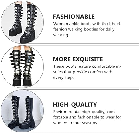Chunky Platform Boots for Women High Heel Wedge Knee High Boots Punk Winter Shoes with Buckle Black PU 7 | Image 7