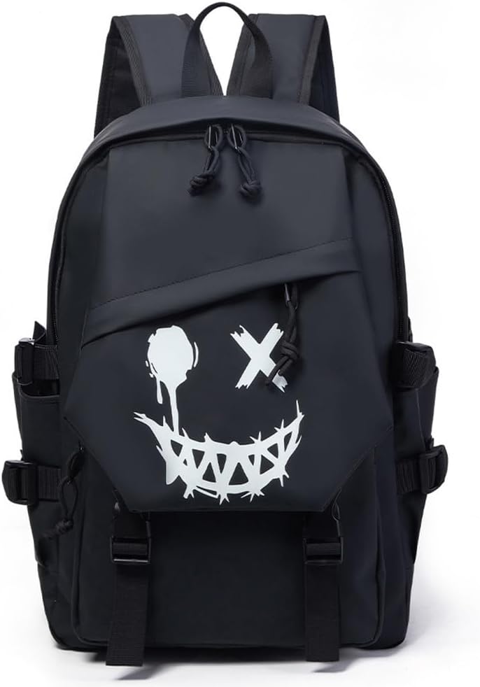 Black Oxford Fabric Backpack Multi Compartment Leisure Travel Backpack Smiley Face Fluorescent Laptop Backpack
