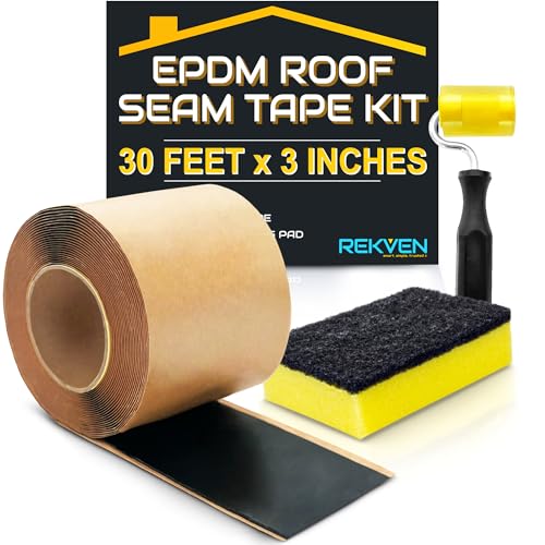 REKVEN EPDM Rubber Roofing Seam Tape Kit - 30 Feet x 3 Inch - Double Sided Butyl Tape Black Self Adhesive for Liner Bonding Sealing Repairs Works with EPDM TPO Hypalon and Other Membranes