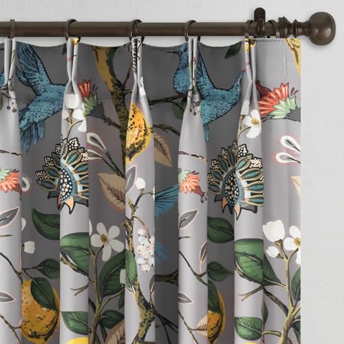 Image of 90 Inches Long Curtains 2 Panels for Living Room Bedroom Unique Elegant Colorful Floral Hummingbird Patterned Rustic Pinch Pleated Drapes for Classroom Room Office 40x90,Grey