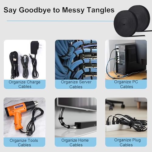 Cintas reutilizables para gestión de cables, 56 yardas x 1/2 pulgada, correas resistentes de gancho y bucle para organización de cables, enrolladores autoadherentes para escritorio, PC, TV, oficina y hogar miniatura 2