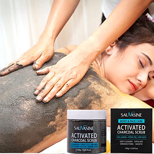 Activated Charcoal Scrub, Naturals Charcoal Exfoliating Body Scrub Polish With Collagen & Stem Cell Gentle Body Exfoliator, Best Shower Scrub Skin Exfoliant For Men & Women 150G #TOP6