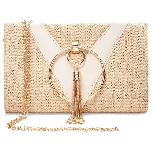 RNIEGA Tassels Straw Clutch Purses for Women Straw Handbags With Detachable Chain For Wedding, Party, Prom