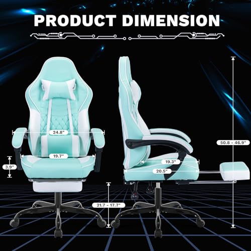 Image of Gaming Chair with Footrest for Home Office - High Back Computer Chair with Headrest and Lumber Support, Ergonomic Height Adjustable Leather Game Chairs (Green+White)
