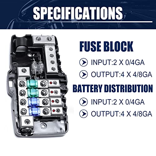 Fexon Fused Power Distribution Block Car Audio 4 Way Midi(Mini-Anl) Fuse Block 12V 0/4 Gauge With Ground For Auto Utv Boat Stereo Amp #TOP2