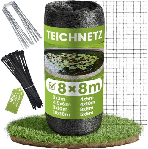 Teichnetz Feinmaschig 8×8m Vogelschutznetz Inkl. U-nägel & Kabelbinder | Witterungs- & UV-beständig, Taubennetz Balkon(16x16mm), Obstbaumnetz, Hühnernetz, Netz Garten, Laubnetz