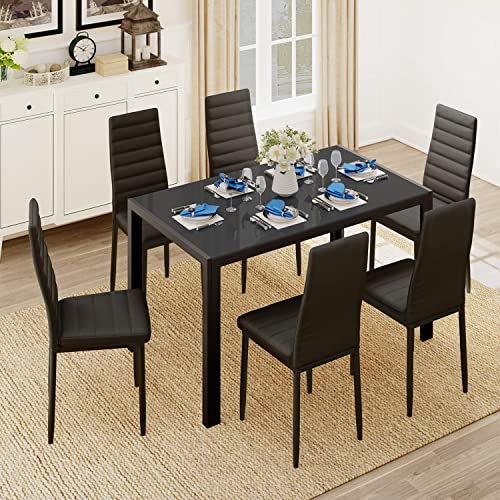 Gizoon Glass Dining Table Sets For 6, 7 Piece Kitchen Table And Chairs Set For 6 Person, Pu Leather Modern Dining Room Sets For Home, Kitchen, Living Room Black #TOP17