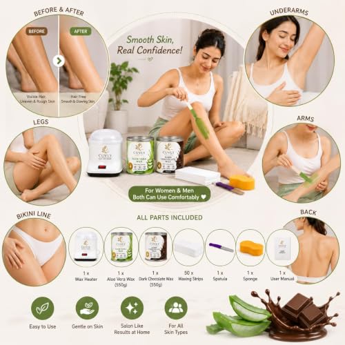 Image of Wax Heater Machine Waxing Kit Combo Machine Aloe VeraWax (550 gm) ChocolateWax (550 gm), Strips (70pcs), Spatula(Kinfe),Sponge (Example: Extra Large Wax Aloe Vera, Chocolate Cream Wax)