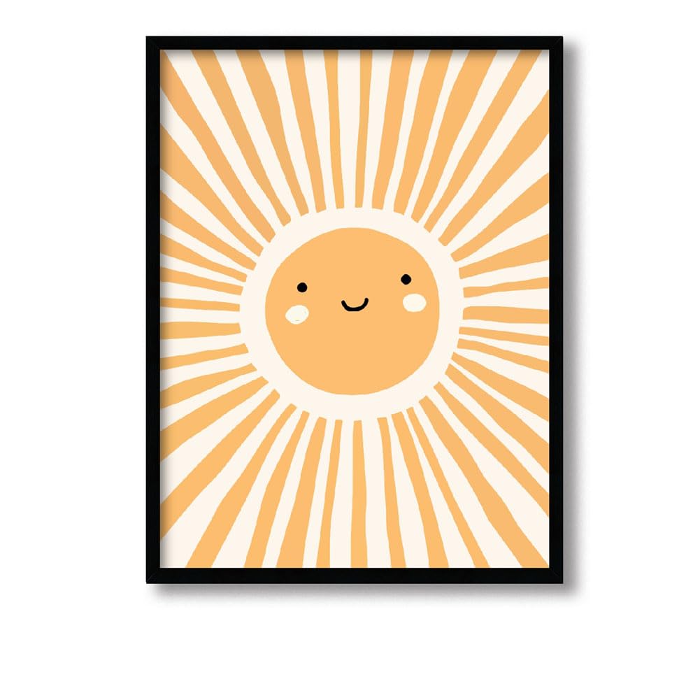 Skyme Art Nursery Sun Wall Framed Canvas Wall Kids Boy Smiling Sun Geometric Nature Cute Wall Office Home Décor