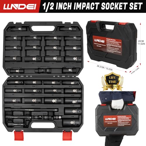 Image of LLNDEI 1 /2 inch Drive Deep Impact Socket Set, 37 Piece Standard SAE 3 /8 inch to 1-1 /4 inch | Metric 8 to 24mm, Includes Spark Plug Socket (16, 21mm), CR-MO Universal Joint, Extension Bars and Adapter