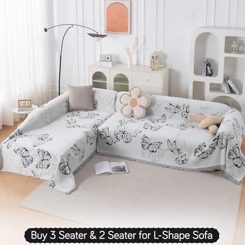 Image of HOKIPO 320 GSM Chenille Sofa Throw Blanket for 3 Seater Sofa - Printed All-Season Sofa Cover, 'Serene Abode Series' Monochrome Butterfly (180x310 cm) (AR-6633-D8)