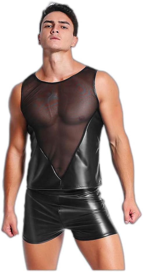 Xuesha Mens Sexy Patent Leather T Shirts Sets Male Latex Dj Club Wear Black Wet Look Tees And Shorts Gay Funny Corset Dance Wear Lingerie,Black,M