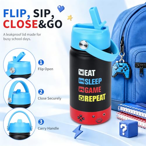 Image of Kids Insulated Water Bottle with Straw Lid, 14oz Double Wall Vacuum Stainless Steel Tumbler, Leak Proof Reusable Metal School Cup for Boys Girls, Keep Cold 24H Hot 12H (Blue-Red-EAT(Pack 2))