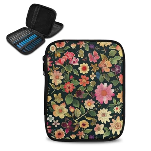 Image of Crochet Hook Case Floral Crochet Hook Holder Portable Crochet Hook Storage Bag with Web Pockets Suitable for Crochet Needles /Knitting Accessories