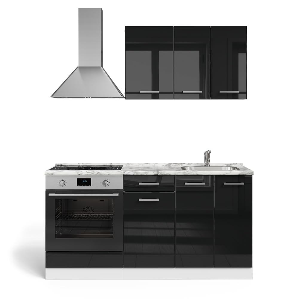 Vicco Cucina monoblocco R-​Line, Nero lucido/​bianco, 160 cm con colonna forno senza piano di lavoro, predisposto per l'integrazione di elettrodomestici e lavello