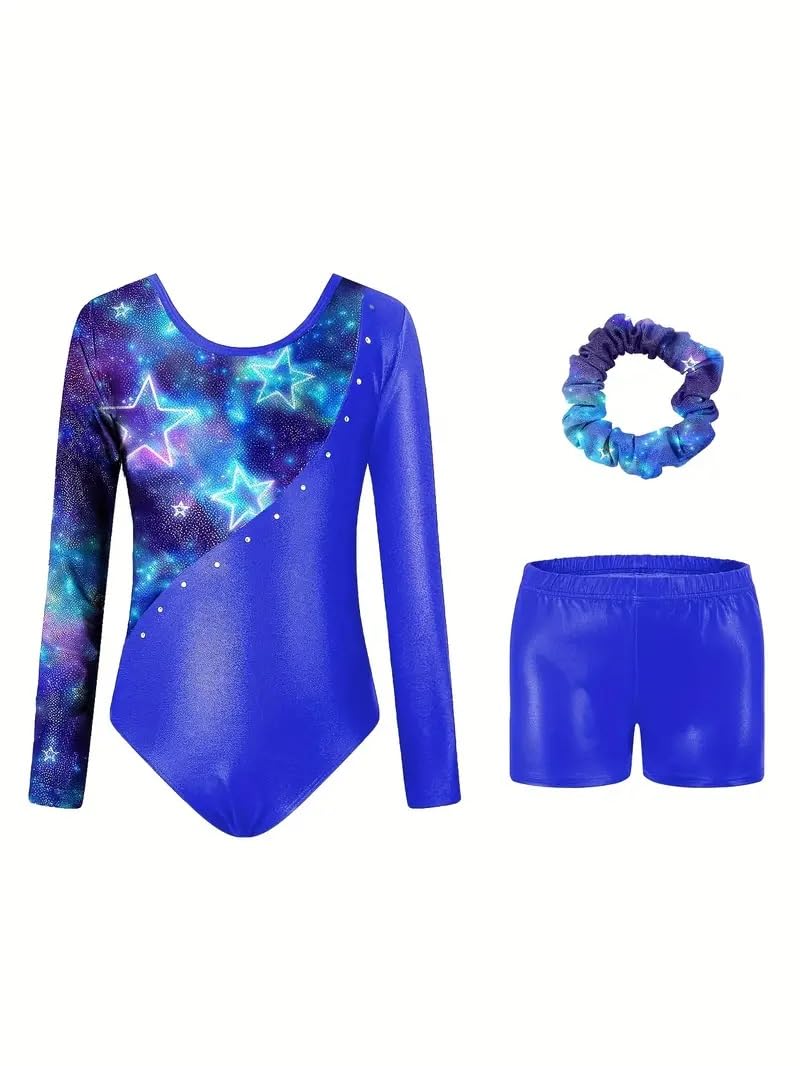 Gogokids Maillot de gimnasia de tres piezas para niña, de manga larga, con pantalones cortos y cinta para el pelo, ropa de gimnasia con diseño degradado para 3-12 años — view 7
